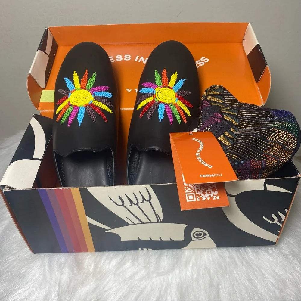 FARM Rio Black Sunshine Flat Mules with Colorful Bead Design Sz 10 - Picture 8 of 10